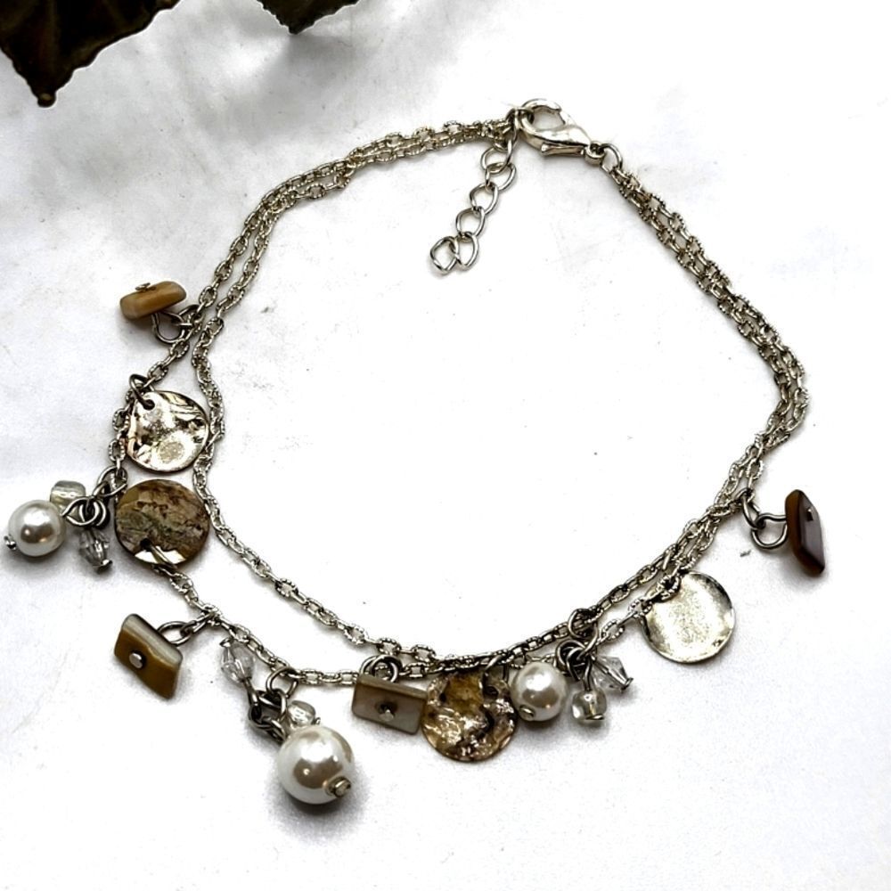 "5/$40" Doublestrand Chain Silvertone Pearl Shell Disc Charm Bracelet